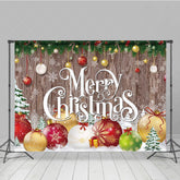 Aperturee - Aperturee Merry Christmas Backdrop with Rustic Wood and Colorful Ornaments Farmhouse Holiday Winter Party Decor